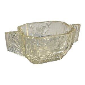 Vintage Pressed Glass Candy Dish with Floral Etch & Fan Handles | Art Deco Style
